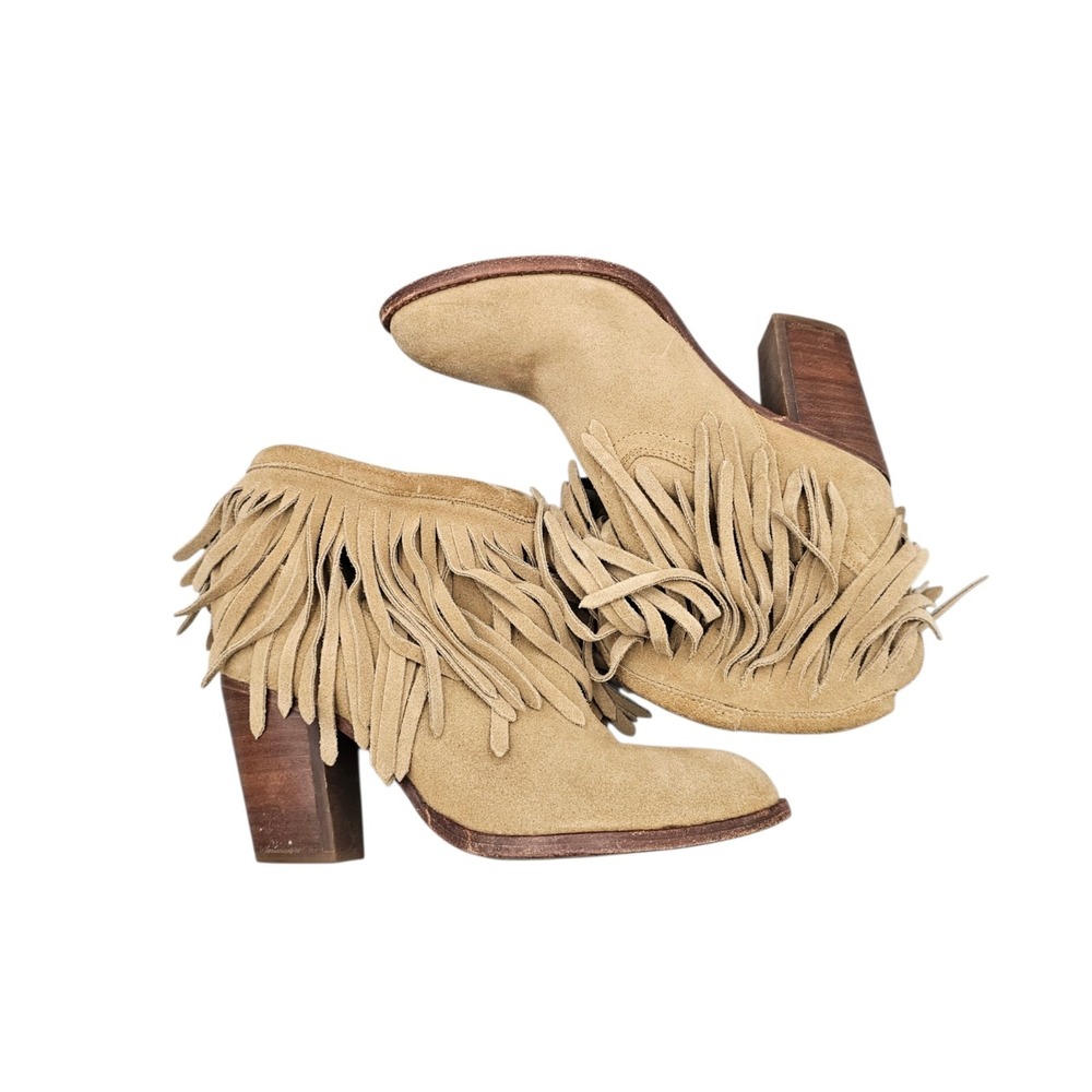 FRYE Womens Size 6.5 US EUC Llana Tan Suede Heeled Pull On Fringe Ankle Booties - Picture 6 of 8